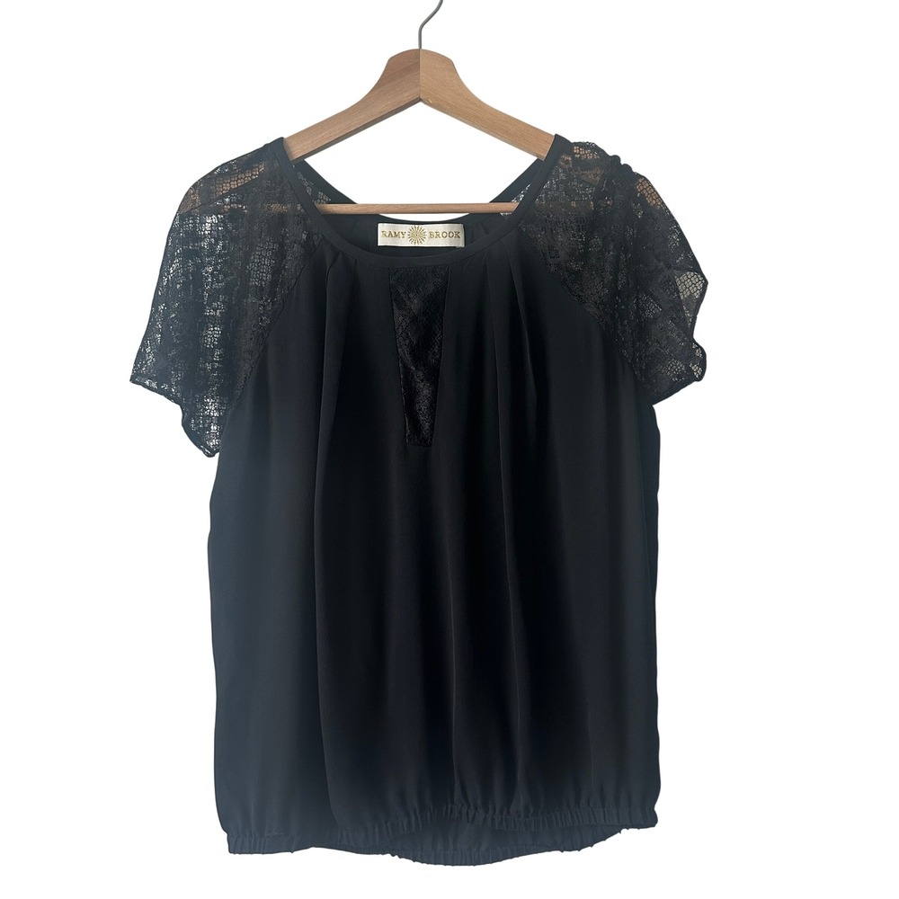 Ramy Brook Black 100% Silk Lace Raglan Sleeve Blouson Blouse Medium Made in USA